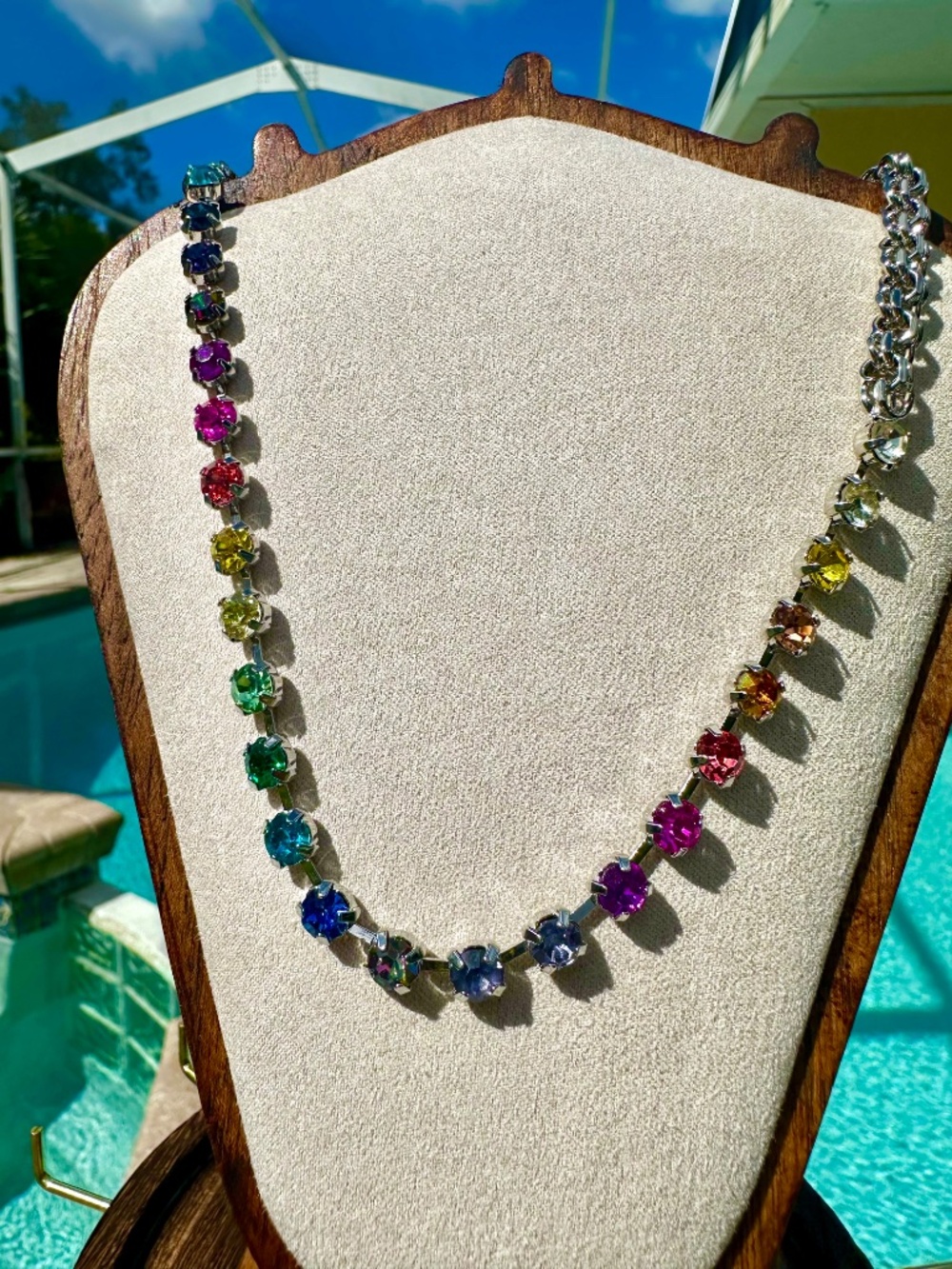 Rainbow Rhinestone Chain Necklace - Silver - Picture 4 of 6